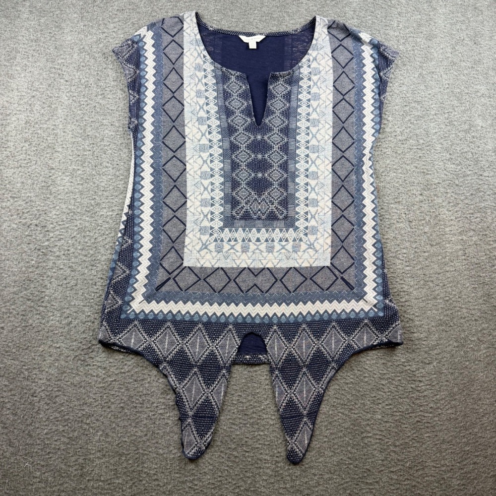 Lucky Brand Top Women's S Blue White Geometric Print Tie Front V-Neck Sleeveless